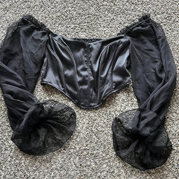 Black Corset Top Large Off the Shoulder Lace Trim Puffy Balloon Sleeve Whimsigot - Picture 2 of 7